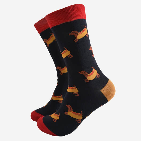 Sock Talk men's black and red sausage dog bamboo socks with ratchet dog pattern and red toe, cuff, and heel.