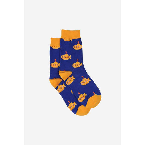 Sock Talk men's bamboo socks with blue and yellow submarine print, featuring playful yellow submarine design on blue background.