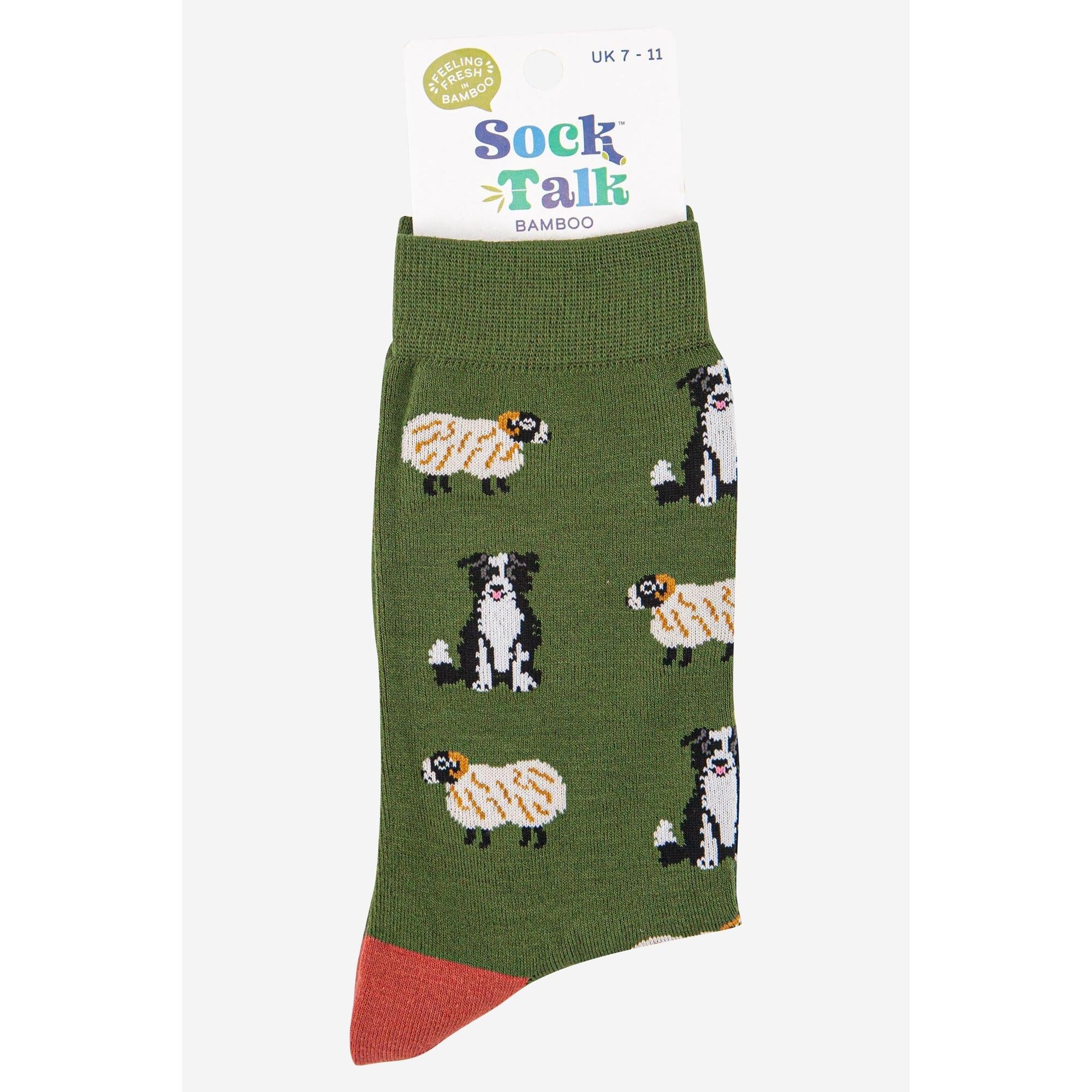 Sock Talk men's bamboo sock with Border Collie and sheepdog pattern on green background, bamboo material, size UK 7-11.