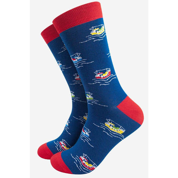 Mens fishing boat bamboo socks with colorful boat pattern, red toe and cuff, navy background, cozy and stylish footwear.