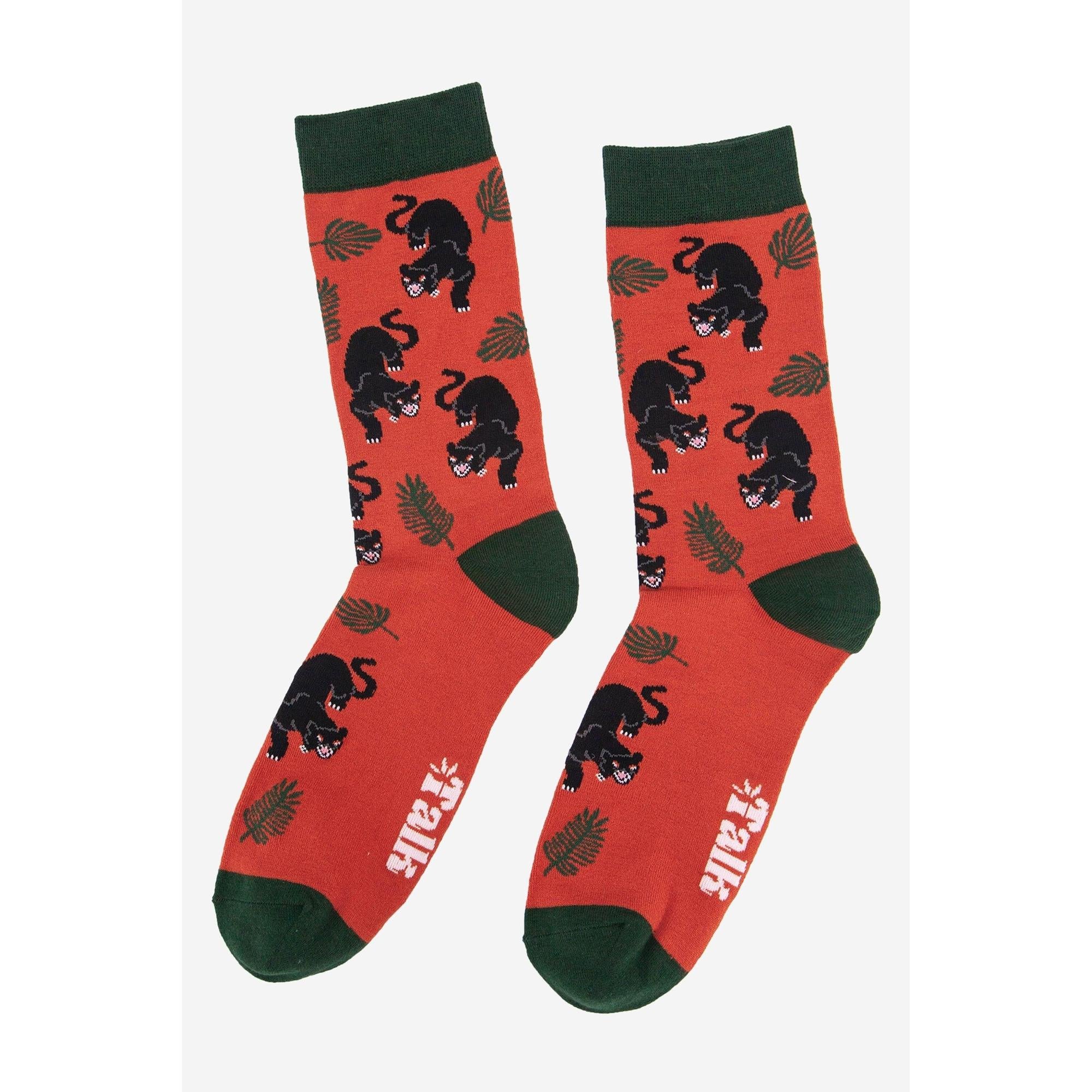 Sock Talk men's black panther jungle leaf print bamboo socks, red and green, featuring black panther and leaf patterns.
