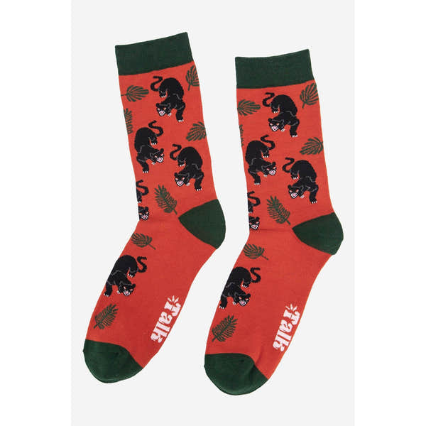 Sock Talk men's black panther jungle leaf print bamboo socks, red and green, featuring black panther and leaf patterns.