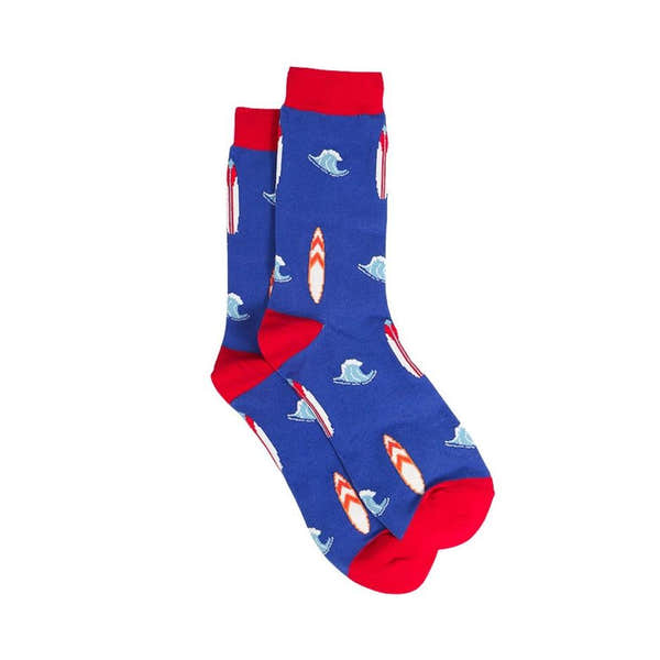 Sock Talk men's surfing novelty socks with blue, red, and white surfboard and wave pattern on bamboo fabric.
