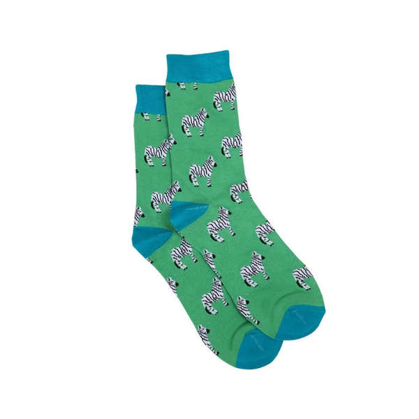 Sock Talk men's zebra print animal novelty green bamboo socks with blue accents.