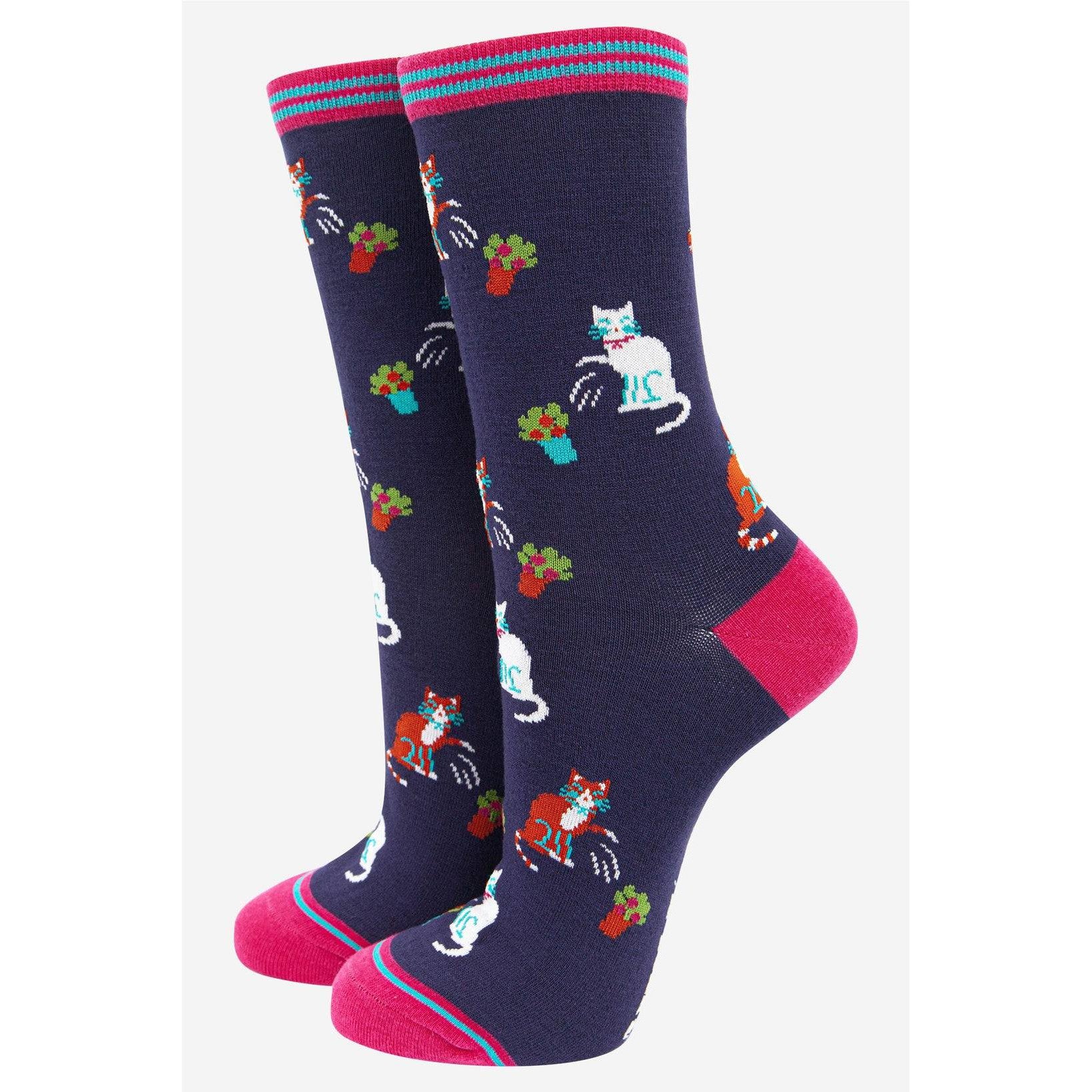 Sock Talk Navy Bamboo Clumsy Cats Flower Socks-elevate your sole