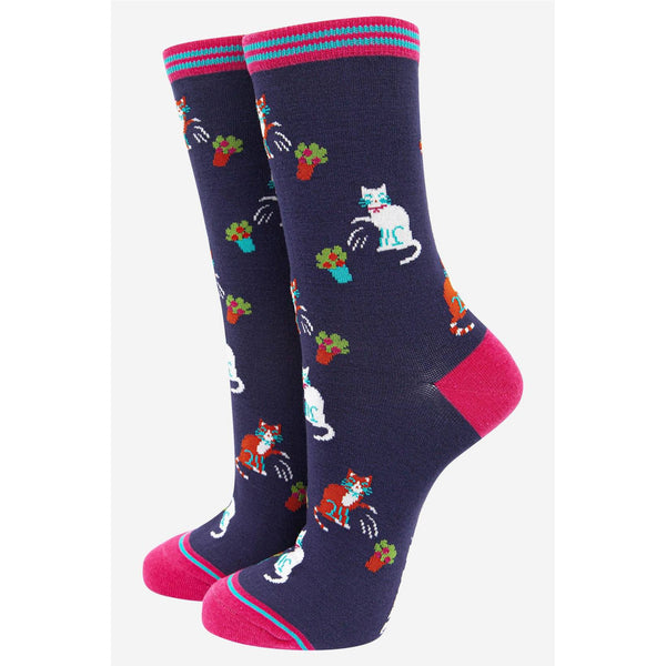 Sock Talk Navy Bamboo Clumsy Cats Flower Socks-elevate your sole