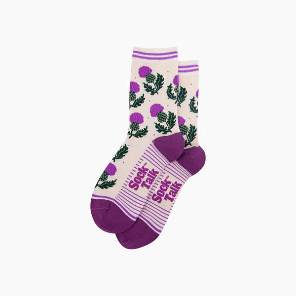 Sock Talk Scottish Thistles Bamboo Socks in Cream with purple thistle pattern, striped top, and reinforced heel and toe.
