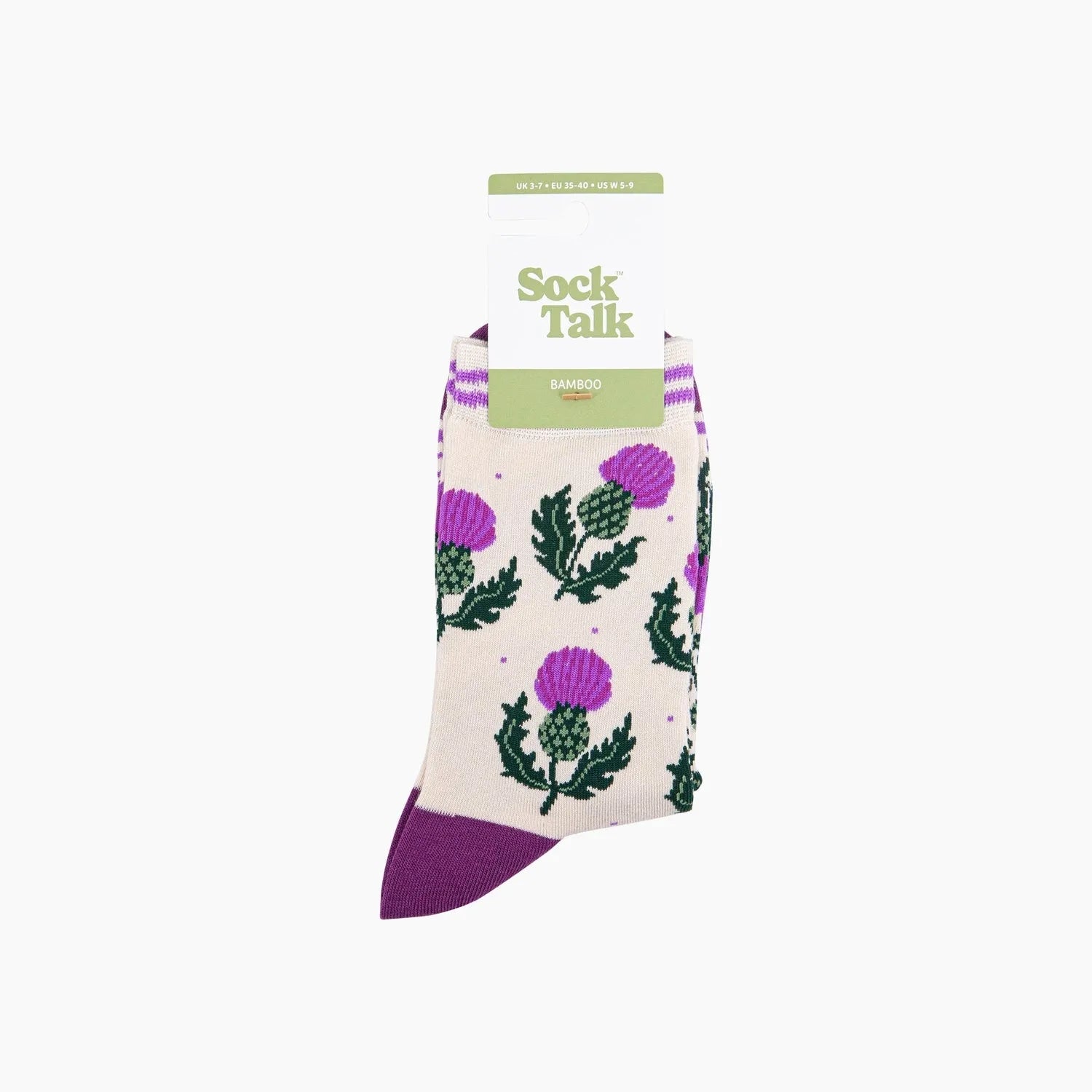 Sock Talk Scottish Thistles bamboo socks in cream with purple thistle pattern and purple toe detail.