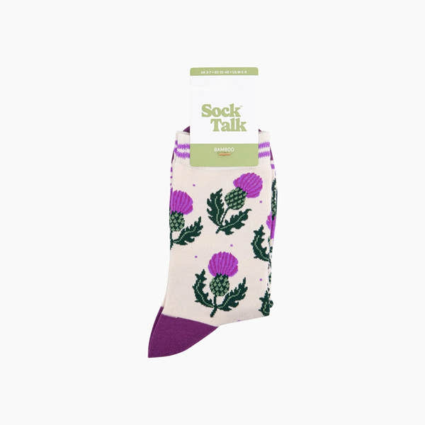Sock Talk Scottish Thistles bamboo socks in cream with purple thistle pattern and purple toe detail.