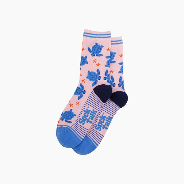 Sock Talk sea turtles pink bamboo socks with blue turtle and starfish patterns, navy heel and toe, and striped top.