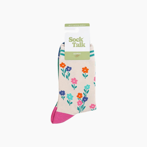 Sock Talk Wildflowers Bamboo Socks in Cream with colorful floral pattern, pink toe, and striped cuff, eco-friendly bamboo material.