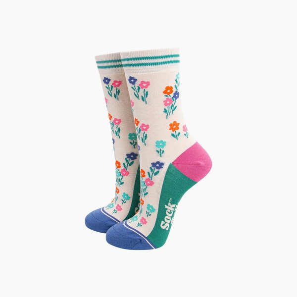 Sock Talk Wildflowers Bamboo Socks in Cream with colorful floral pattern, pink heel, and blue toe, trendy and eco-friendly footwear.