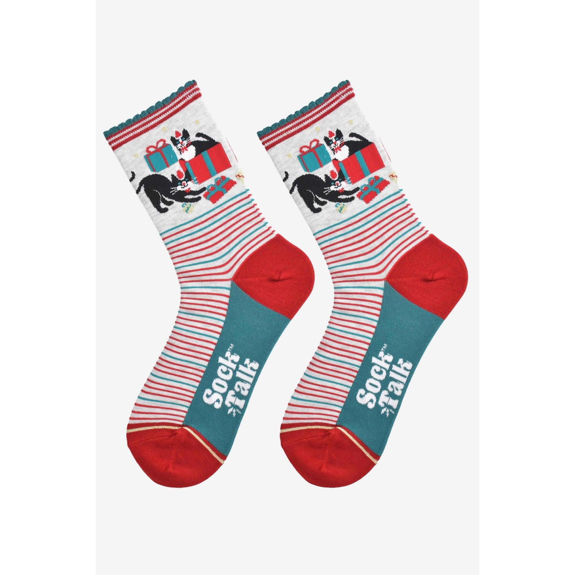 Sock Talk women's bamboo Christmas socks with grey, red, and white stripes, featuring festive cats and presents design.