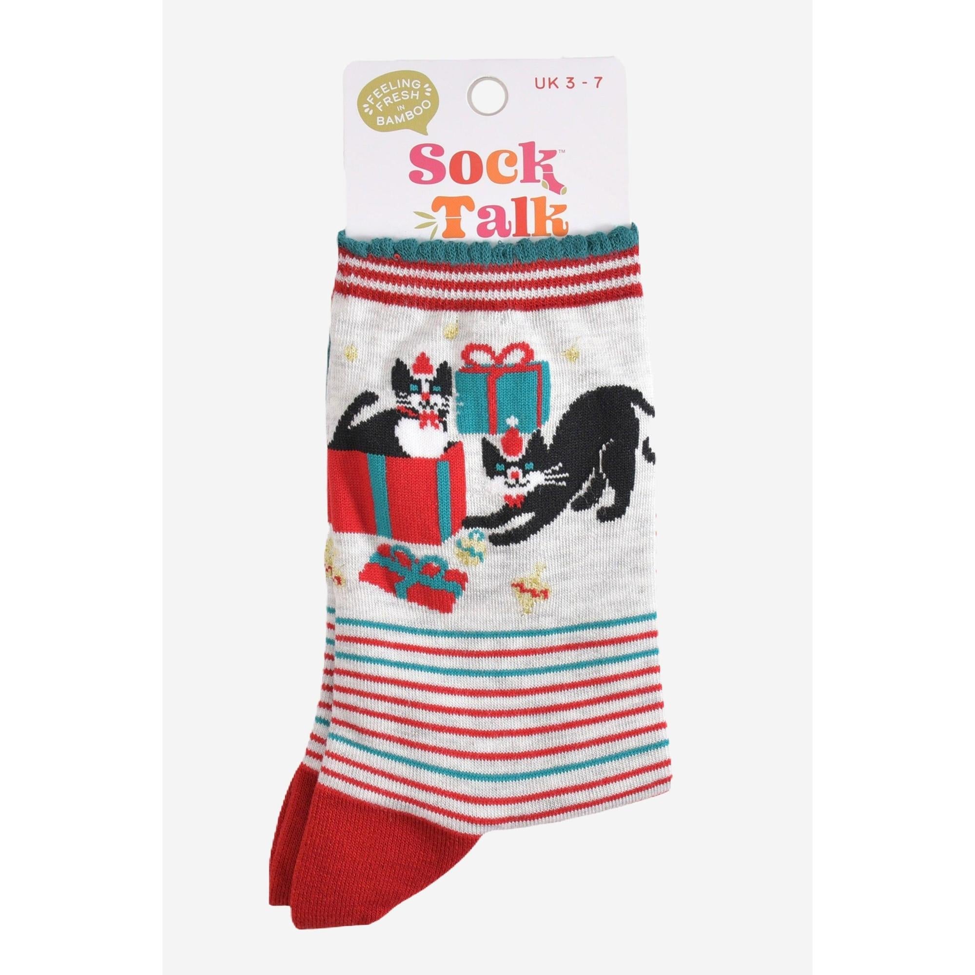 Sock Talk women's bamboo socks featuring grey, red, and white Christmas cats with presents and stripes, size UK 3-7.