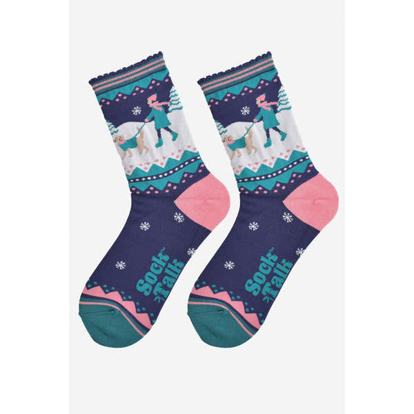 Women's bamboo socks with navy blue, pink accents, and a golden retriever walking pattern for cozy, stylish wear.