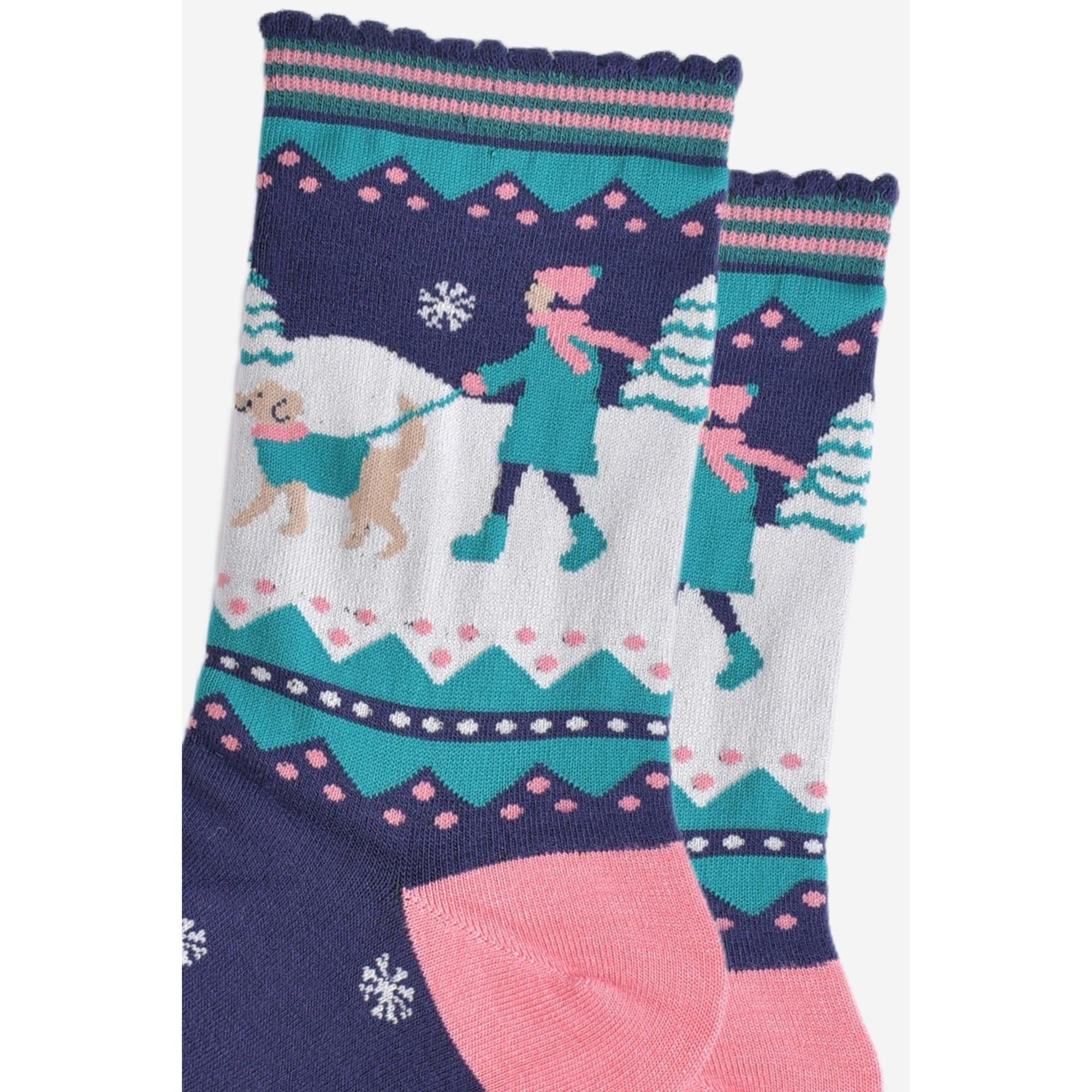 Sock Talk Women's Bamboo Socks, Navy Blue and Pink with Golden Retriever walking winter design.