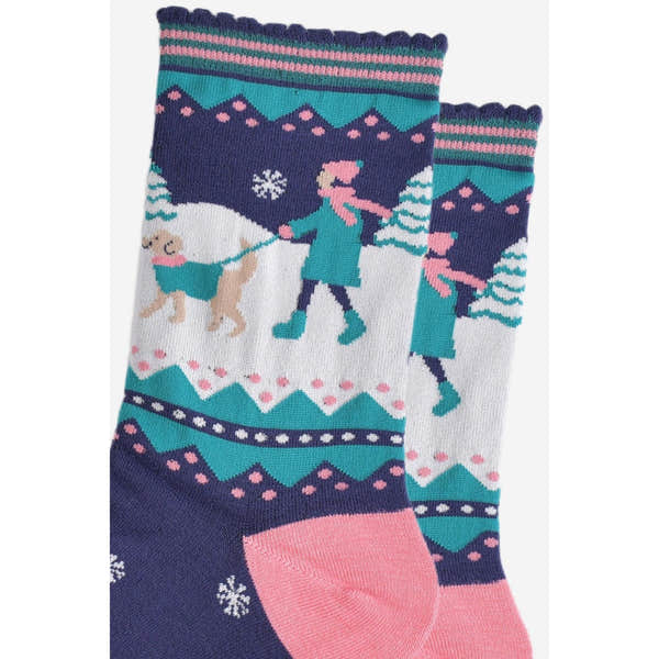 Sock Talk Women's Bamboo Socks, Navy Blue and Pink with Golden Retriever walking winter design.