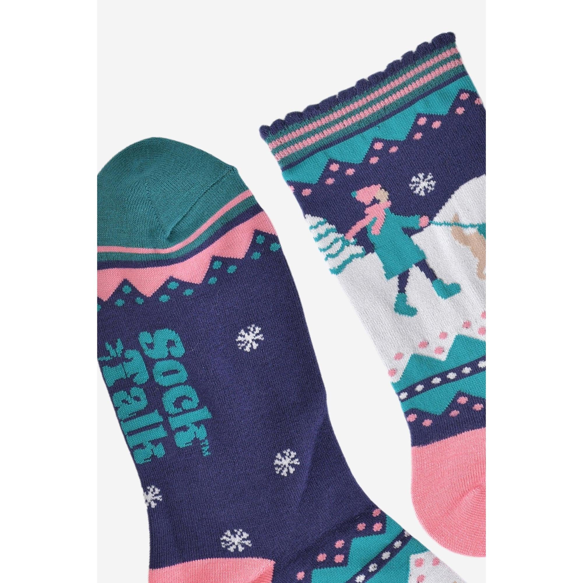 Sock Talk women's bamboo socks in navy blue and pink with a golden retriever and winter holiday design.