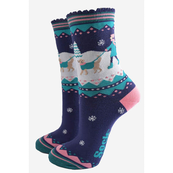 Sock Talk Women's Bamboo Socks with navy blue and pink, golden retriever and walk-themed design.