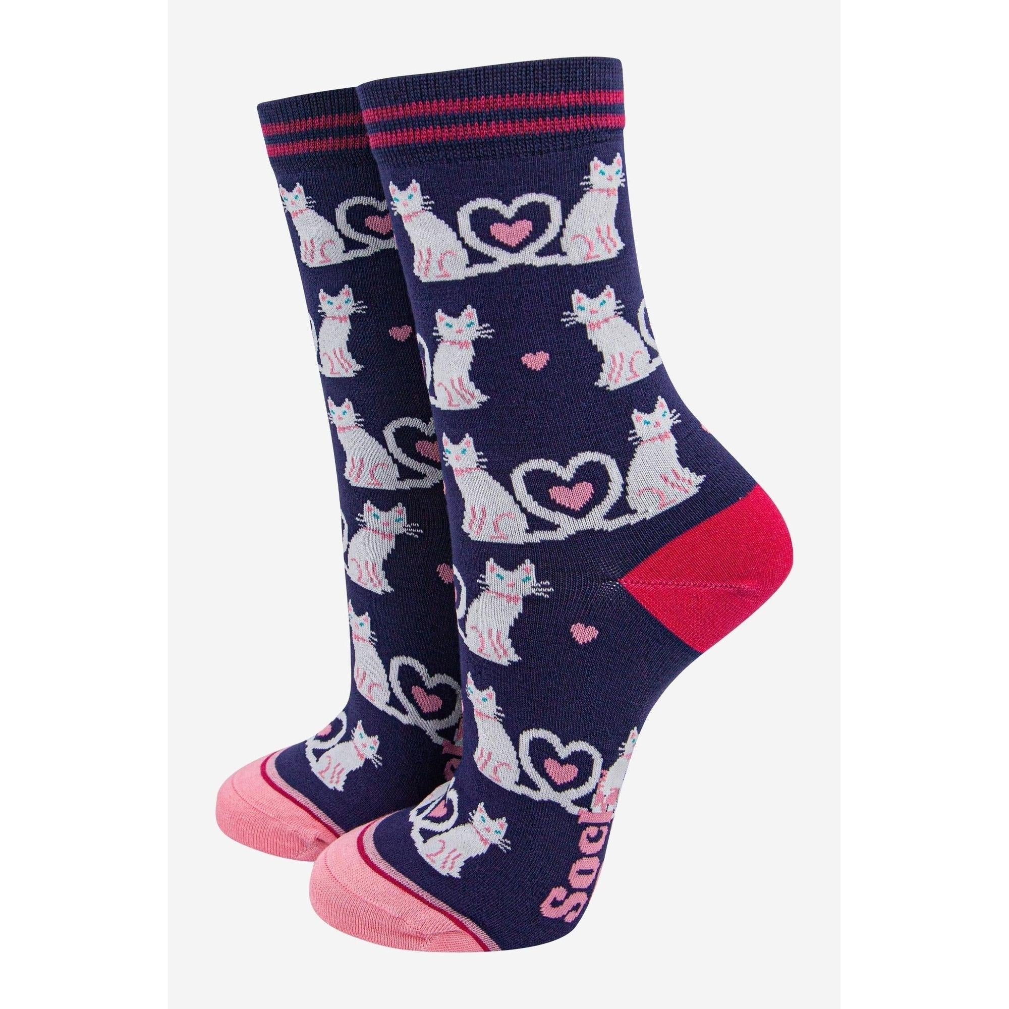 Sock Talk women's navy socks gift box with pink cat and heart pattern, featuring red accents on toes and cuffs.