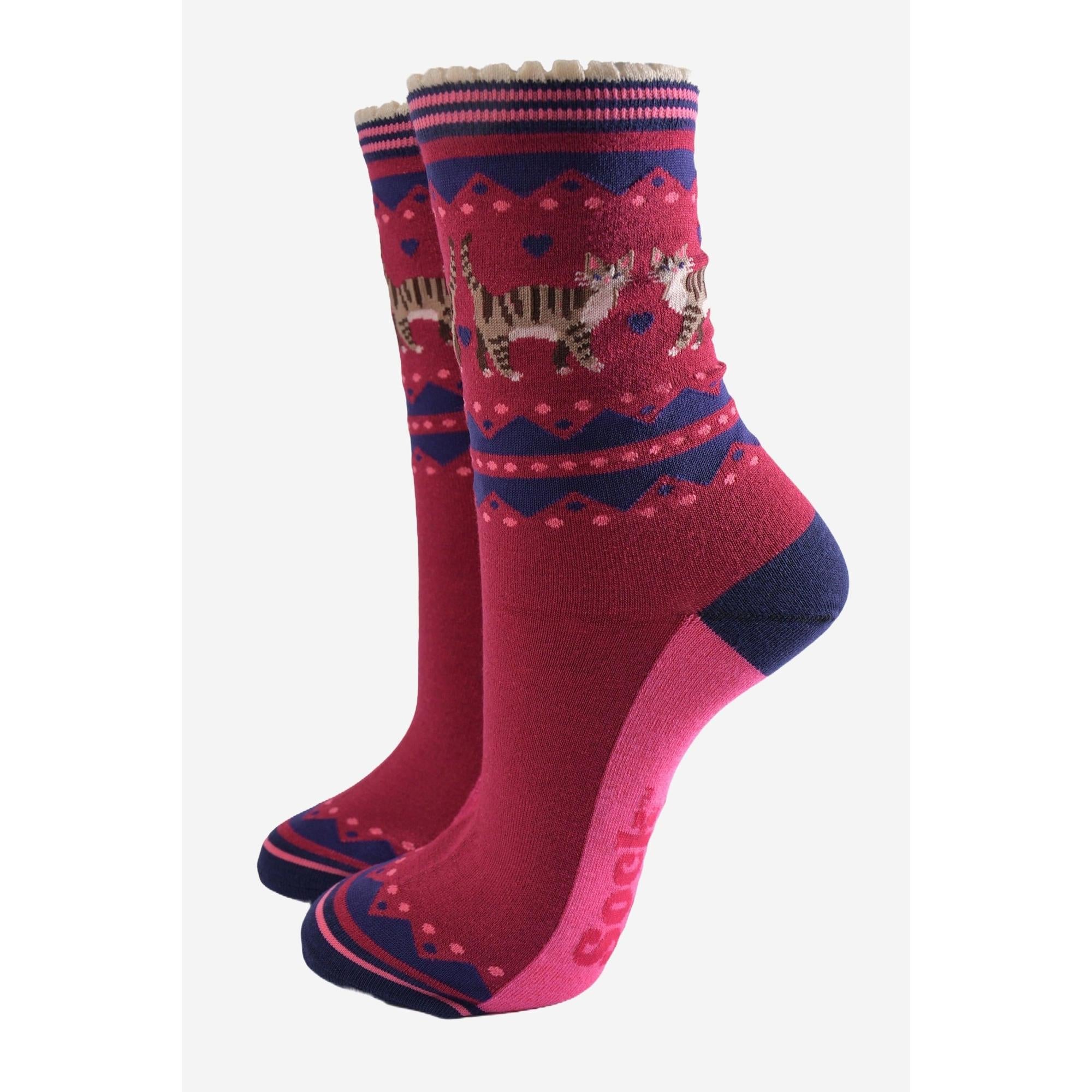 Sock Talk women's navy and pink cat-themed socks gift box with cozy knit design and playful animal pattern.