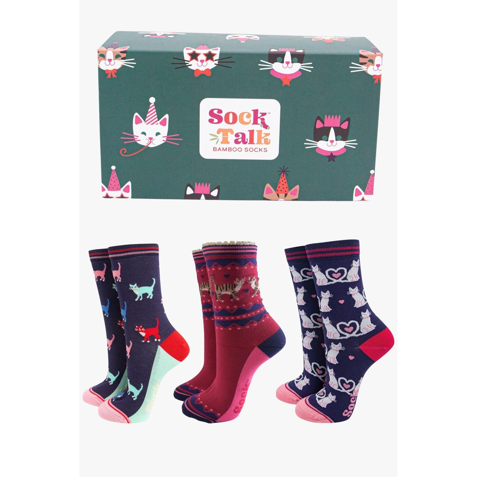 Sock Talk women's navy cat-themed bamboo socks gift box with three pairs of colorful, patterned socks featuring cats and playful designs.