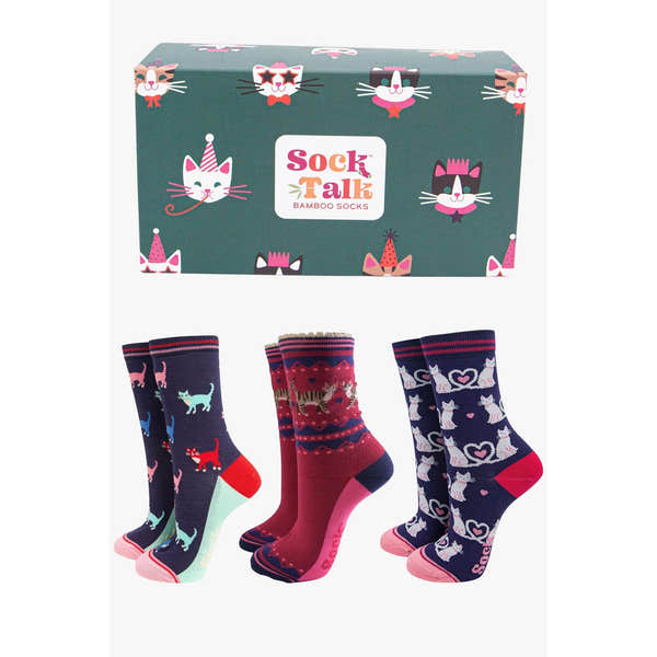 Sock Talk women's navy cat-themed bamboo socks gift box with three pairs of colorful, patterned socks featuring cats and playful designs.