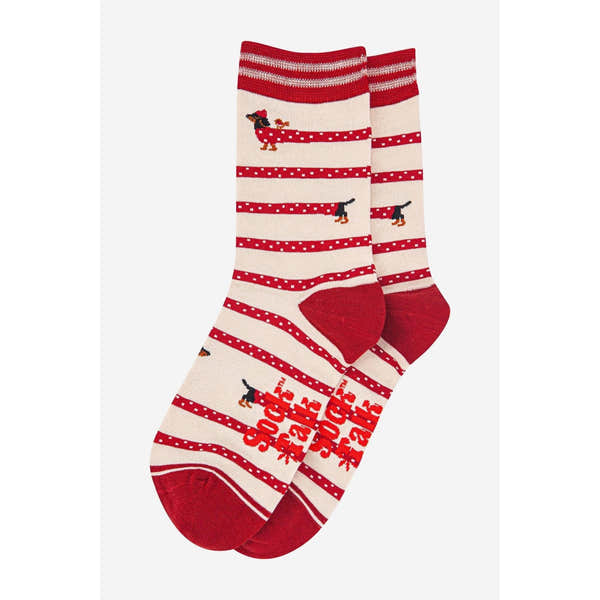Sock Talk Women's Winding Sausage Dog Cream/Berry bamboo socks with red stripes and dachshund pattern.