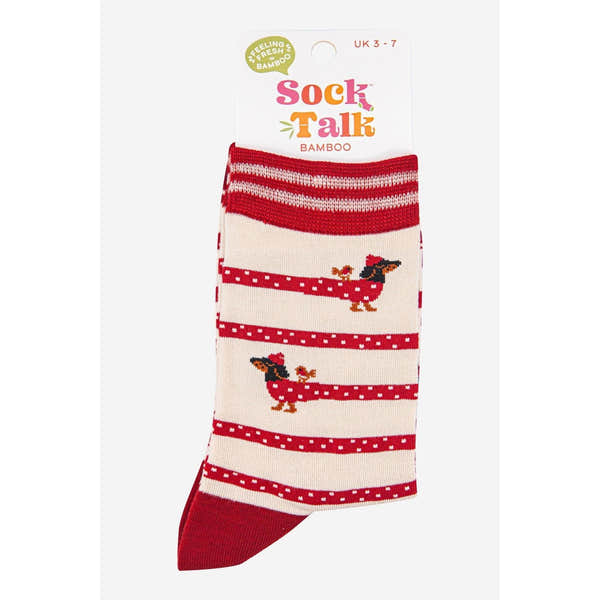 Sock Talk women's bamboo socks with sausage dog and polka dot stripe pattern in cream, berry red, and black colors.