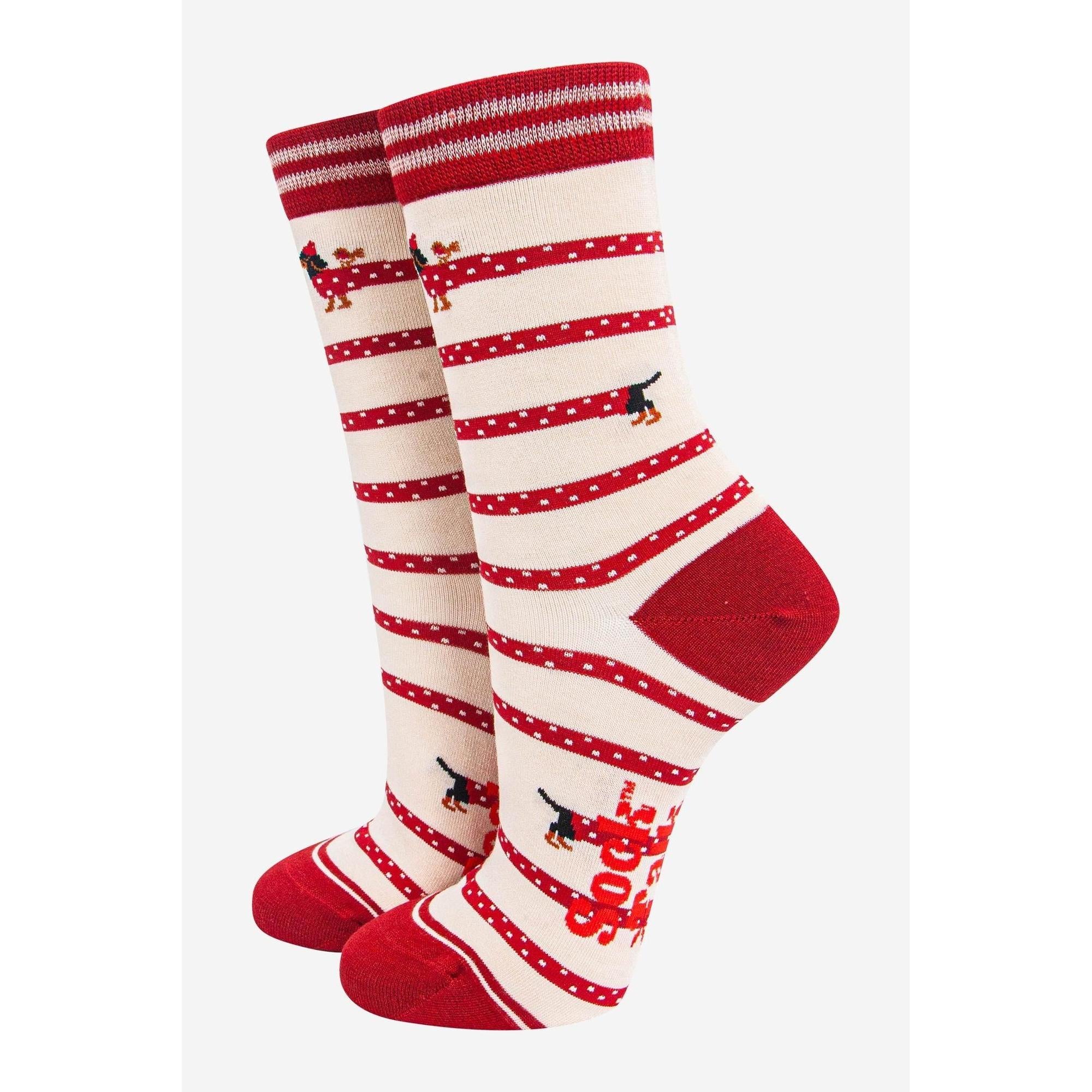 Sock Talk women's winding sausage dog cream and berry bamboo socks with red and cream stripes and dachshund pattern.