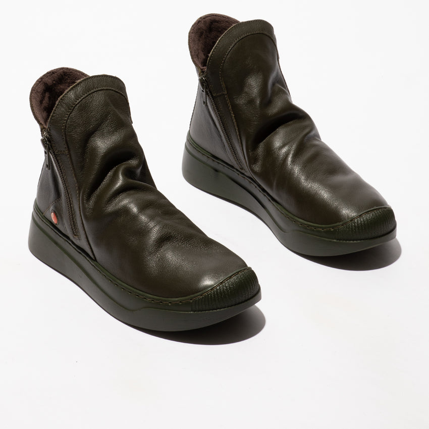 Softinos ABIL807SOF Ladies military green leather twin zip ankle boots with smooth finish and dark brown fur lining.