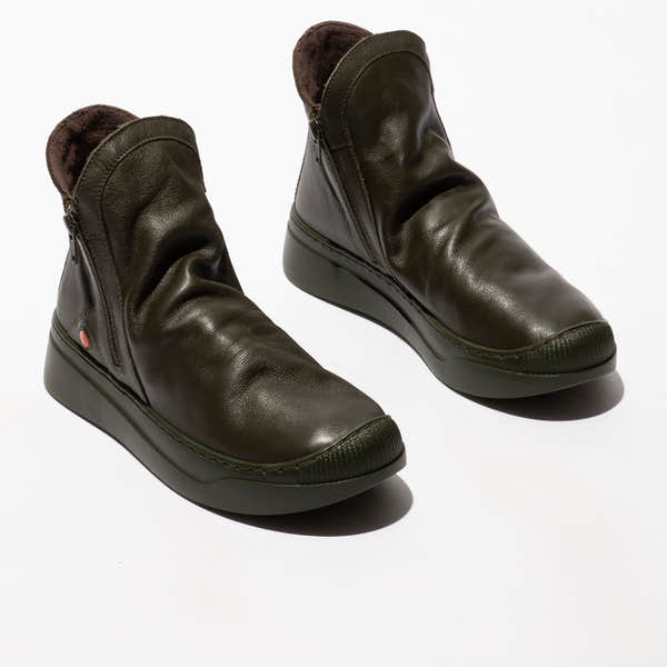 Softinos ABIL807SOF Ladies military green leather twin zip ankle boots with smooth finish and dark brown fur lining.
