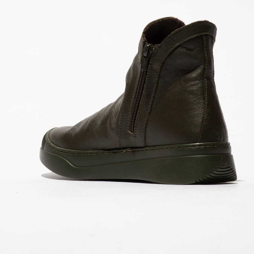 Softinos ABIL807SOF ladies military green smooth leather ankle boots with twin zips and wedge sole.