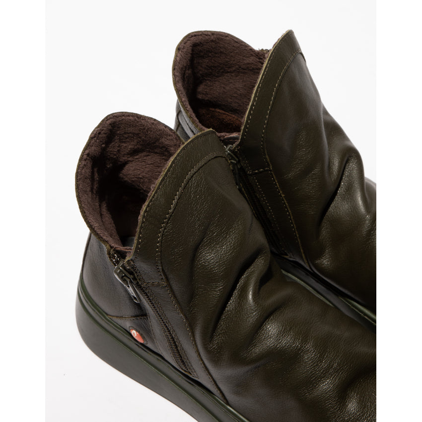 Softinos ABIL807SOF ladies military green smooth leather ankle boots with twin zippers, plush interior, and rugged sole.