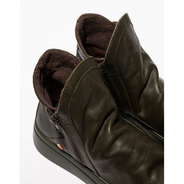 Softinos ABIL807SOF ladies military green smooth leather ankle boots with twin zippers, plush interior, and rugged sole.