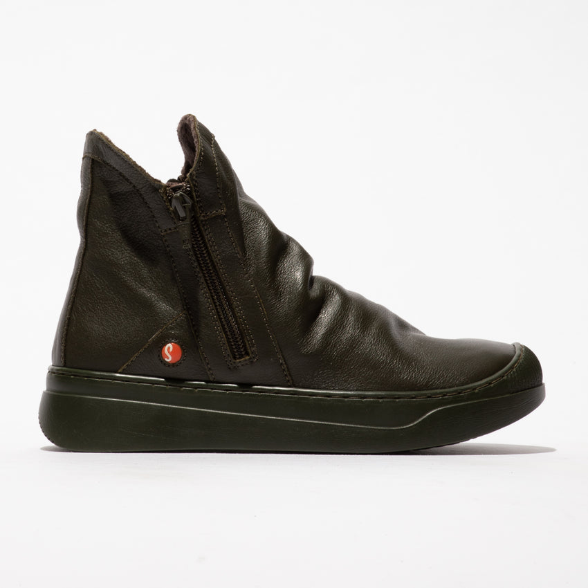 Softinos ABIL807SOF women's military green leather ankle boots with twin zippers and smooth finish.