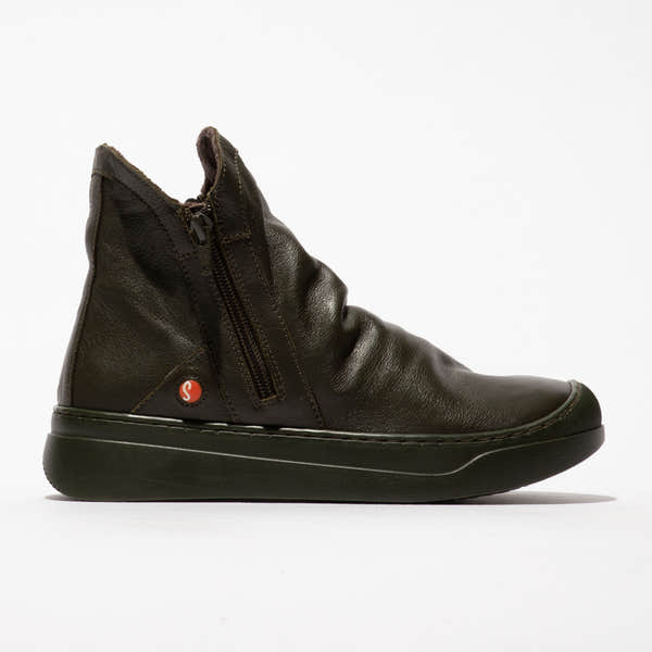 Softinos ABIL807SOF women's military green leather ankle boots with twin zippers and smooth finish.