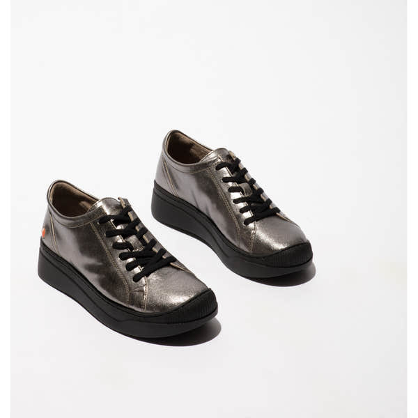 Softinos APOR794SOF women’s metallic graphite grey leather lace-up trainers with black rubber soles.