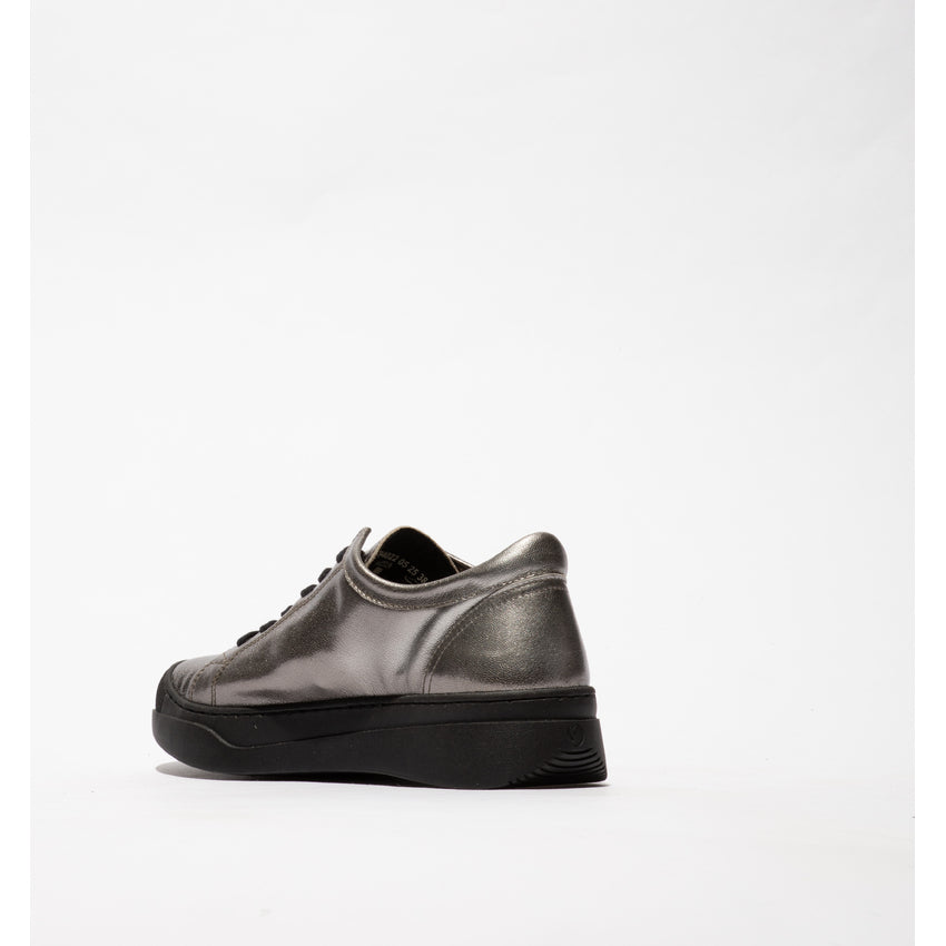 Softinos APOR794SOF Ladies graphite grey metallic leather lace-up trainers with chunky black sole.