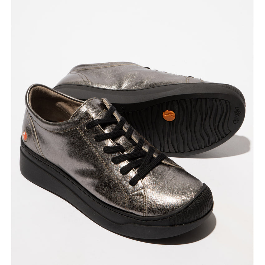 Softinos APOR794SOF ladies metallic graphite grey leather lace-up trainers with black soles and stylish design.