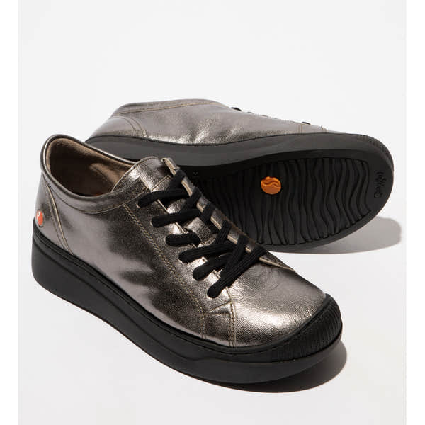 Softinos APOR794SOF ladies metallic graphite grey leather lace-up trainers with black soles and stylish design.