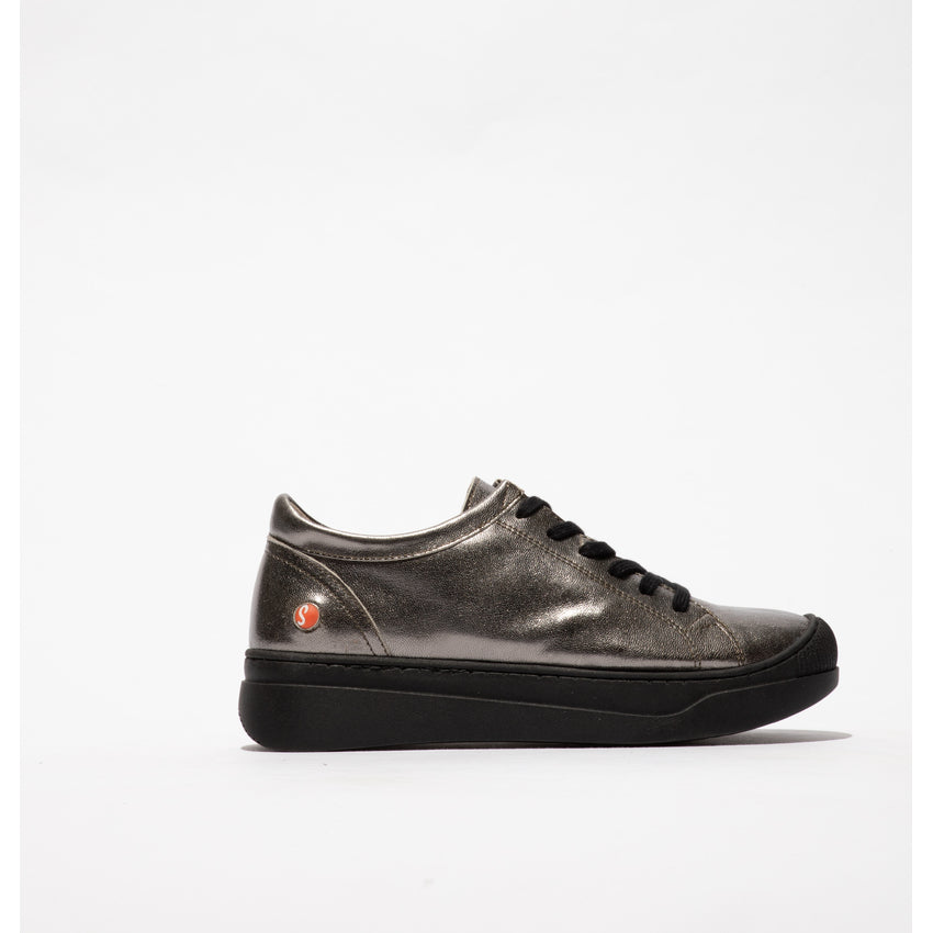 Softinos APOR794SOF ladies metallic graphite grey leather lace-up trainers with black soles.