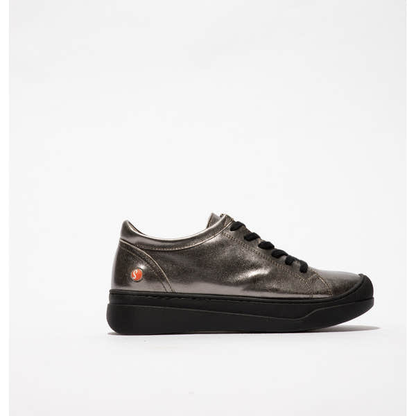 Softinos APOR794SOF ladies metallic graphite grey leather lace-up trainers with black soles.
