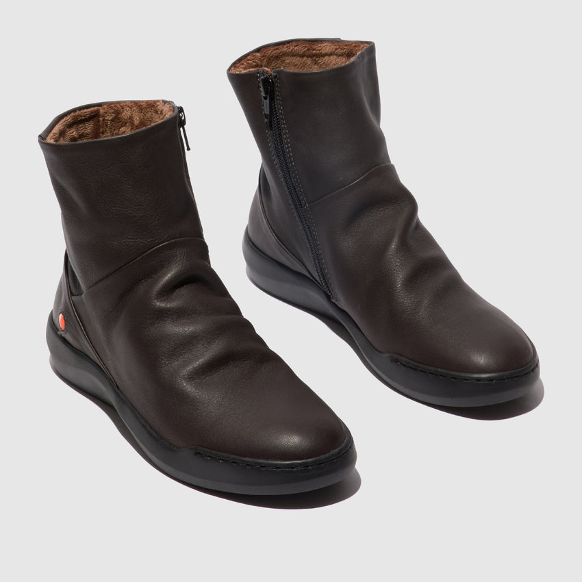 Softinos BLER550SOF women's dark oak smooth leather ankle boots with side zipper and cozy interior lining.
