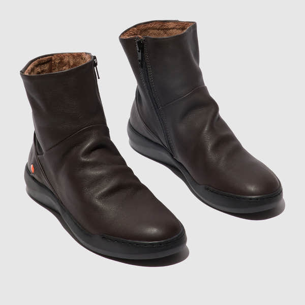 Softinos BLER550SOF women's dark oak smooth leather ankle boots with side zipper and cozy interior lining.