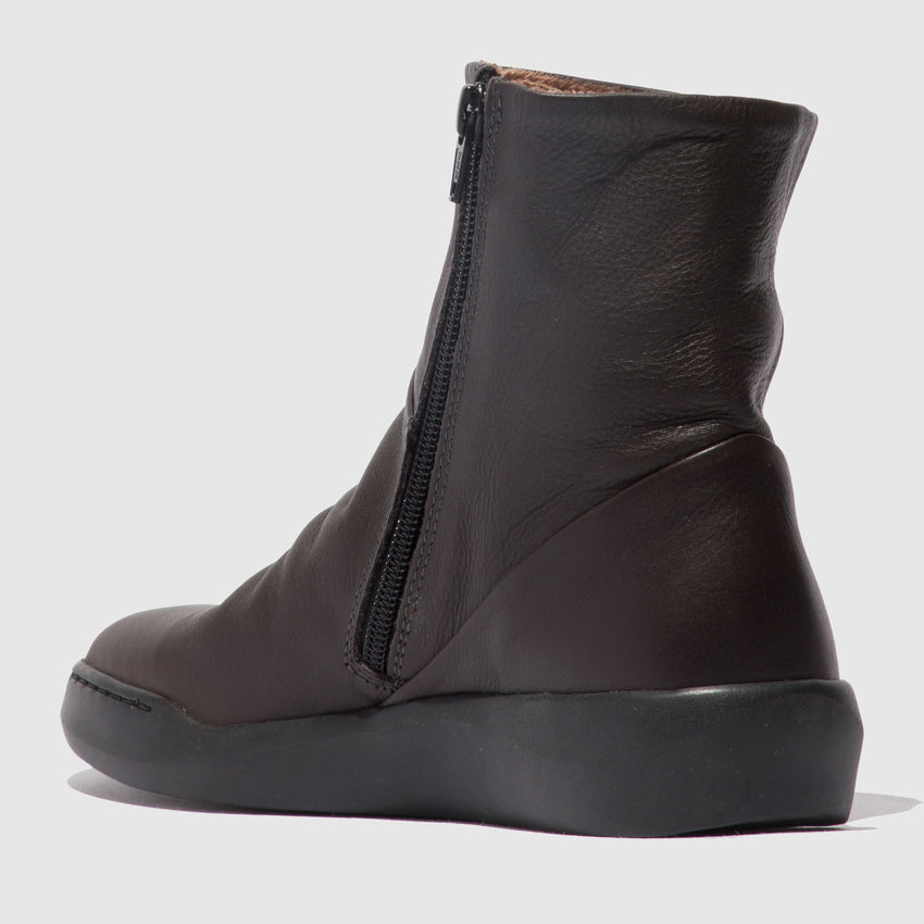 Softinos BLER550SOF women's dark oak smooth leather ankle boots with side zipper and sleek wedge sole.