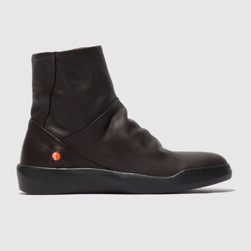 Softinos BLER550SOF women's dark oak smooth leather ankle boots with side zipper and low wedge heel.