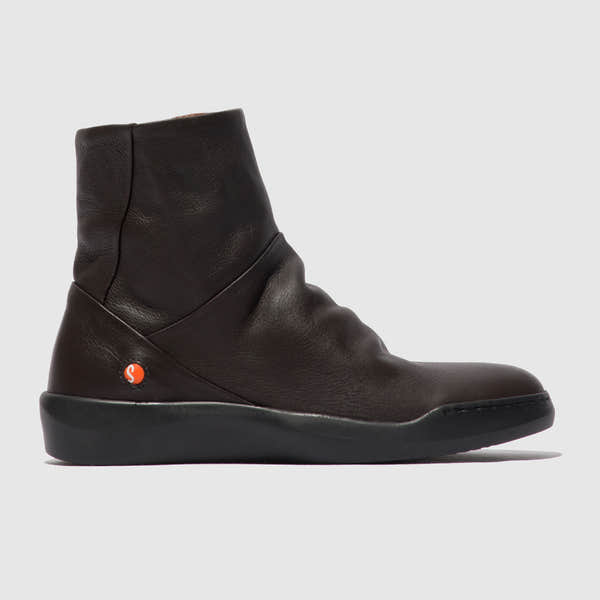 Softinos BLER550SOF women's dark oak smooth leather ankle boots with side zipper and low wedge heel.