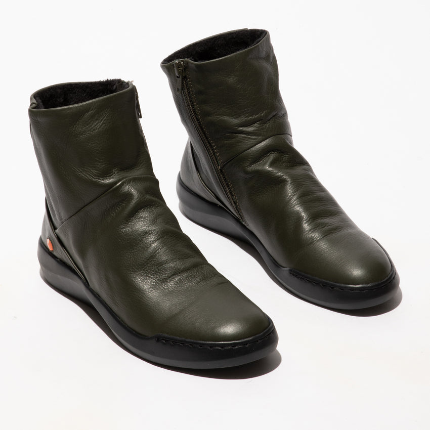 Softinos BLER550SOF women's military smooth leather ankle boots with side zipper and black sole.