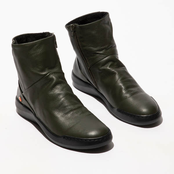 Softinos BLER550SOF women's military smooth leather ankle boots with side zipper and black sole.